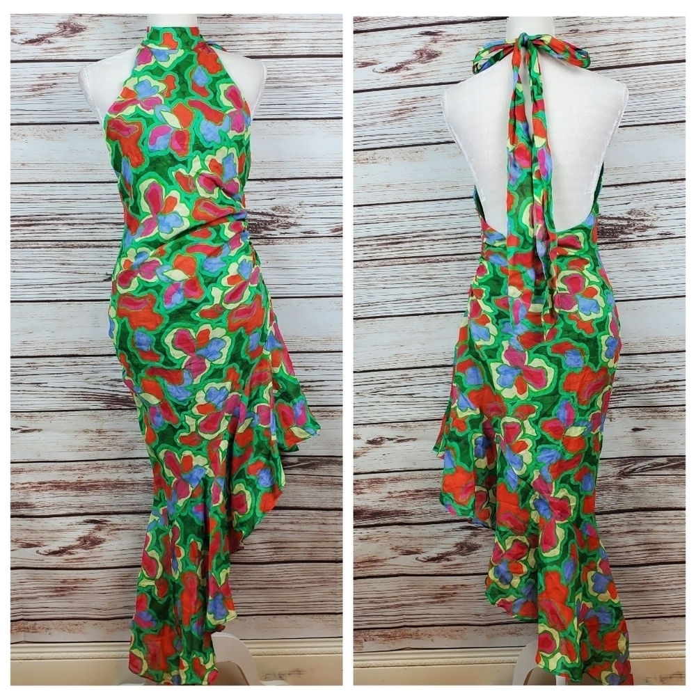 Amanda Uprichard Womens Medium Shaena Tish Style Green Floral Halter Dress  #217 - Picture 2 of 10